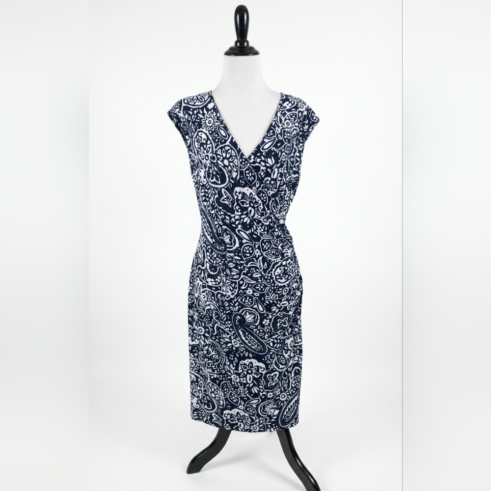 CHAPS Navy and White Floral Paisley Faux Wrap Dress